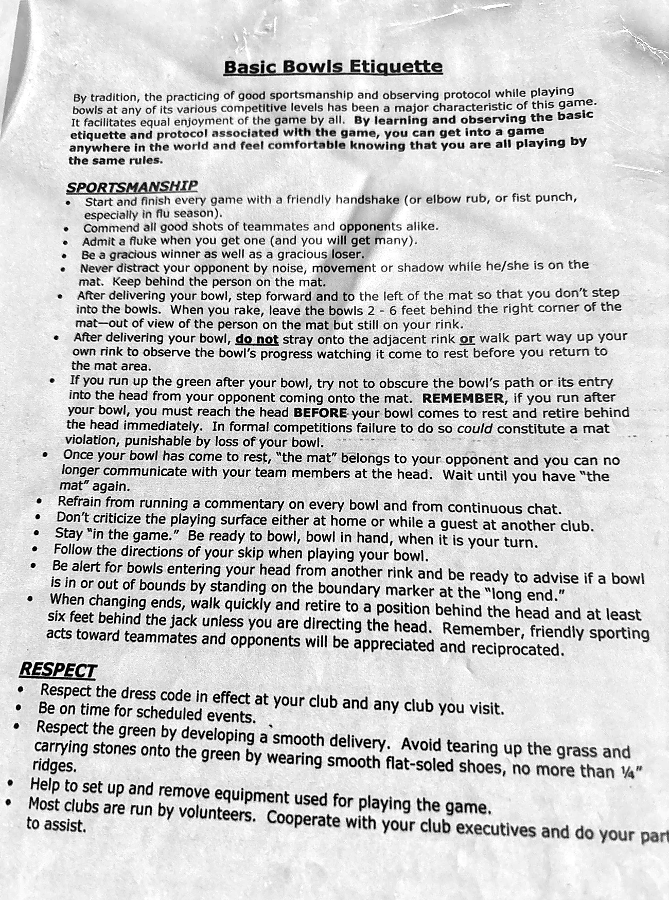 Printed sheet titled Basic Bowls Etiquette with bulleted Sportsmanship and Respect sections