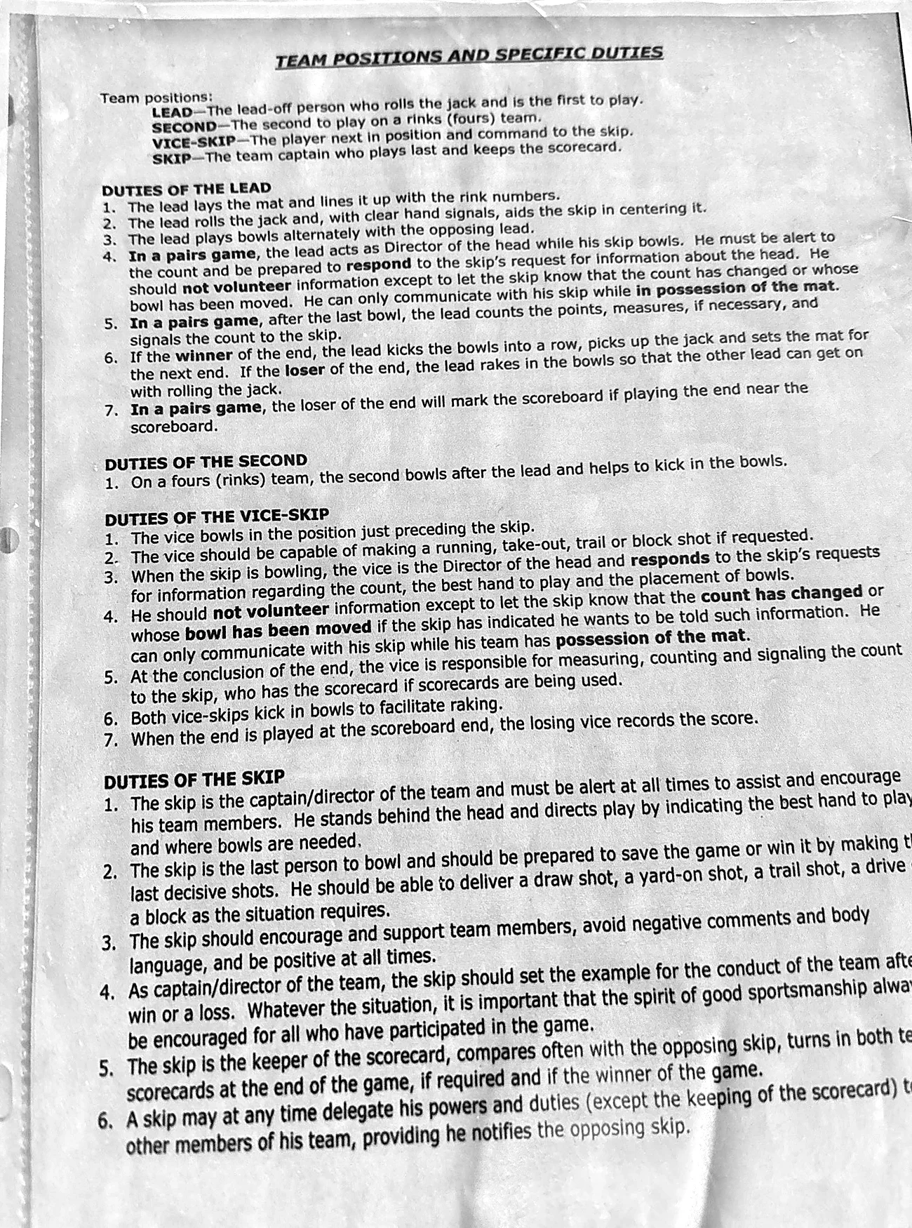 Printed sheet titled Team Positions and Specific Duties listing the duties of the lead, second, vice-skip and skip